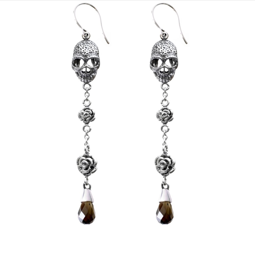 Skull with Roses and Smoked Quartz Earrings Stainless Steel NWT